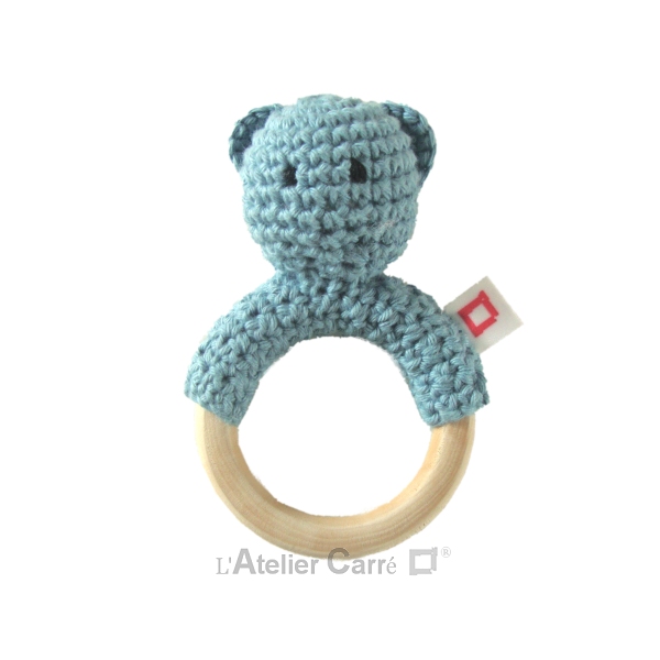 Hochet Bébé Ourson En Bois & Crochet – Jouet D’Éveil Sensoriel – Anneau Dentition – Conforme EN71 – Cadeau Naissance